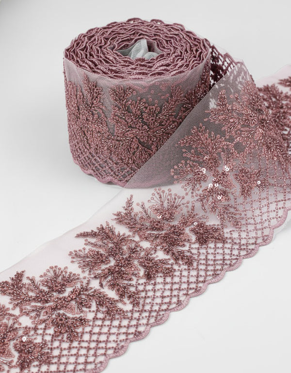 Aurora Blossom Beaded Border Lace - (Dusty Purple)